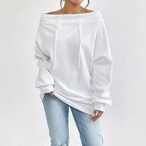Women's Loose Solid Color Casual Drawstring Off-the-shoulder Off-shoulder Top
