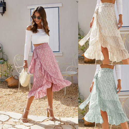 High Waist  Knotted Tied Wrap Floral Ruffle Chiffon A-Line Split