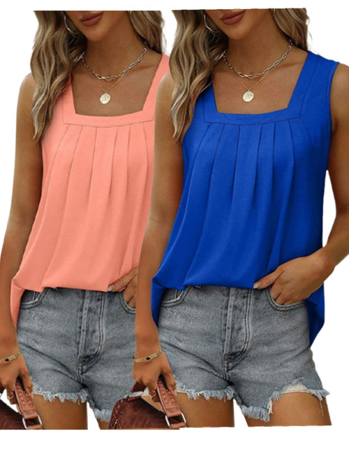 2-piece Women's Vest Pleated Square Neck Sleeveless Tuxedo Top