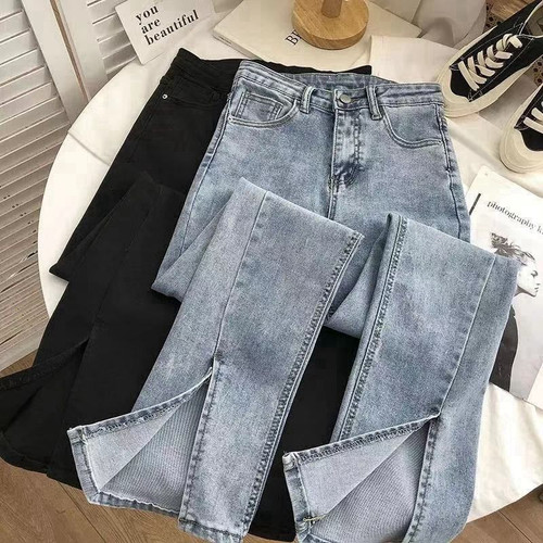 High-waisted Denim Jeans With A Slit At The Hem For Women