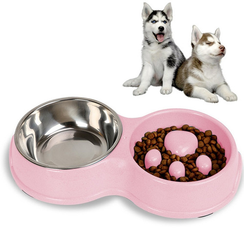Slow Food Anti-choke Stainless Steel Double Bowl Pet Non-slip Cat Food Bowl