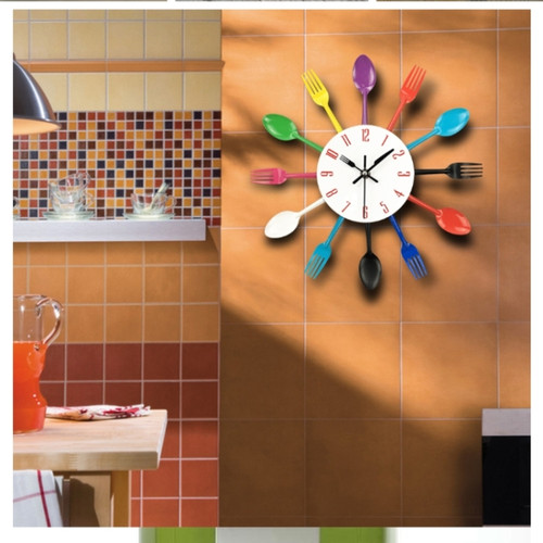 Cutlery Metal Kitchen Wall Clock Spoon Fork Creative Quartz Wall Mounted Clocks Modern Design Decorative Horloge, Silver