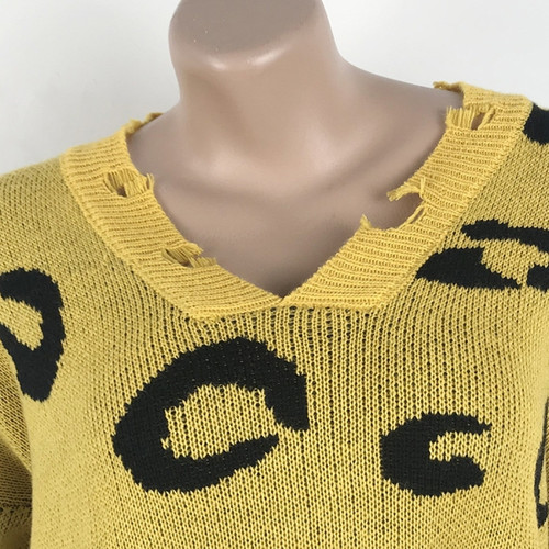 Fashion Leopard V-neck Hole Knit Sweater (Color:Green Size:S)