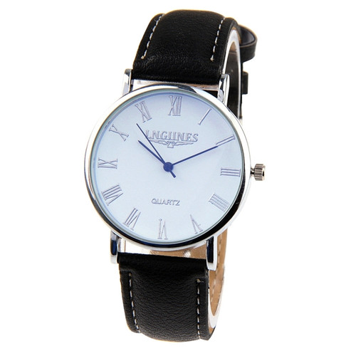 Luminous Round Dial Retro Digital Display Men Quartz Watch with PU Leather Band (Black + Blue)