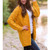 Mid-length Style Solid Color Thick Thread Twist Cardigan Knit Sweater (Color:Yellow Size:S)