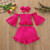 Girls One-shoulder Pleated Flared Sleeve Shorts Three-piece Suit (Color:Rose Red Size:120cm)