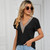 Women Lace V-Neck Short Sleeve Solid Color T-Shirt Top