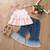 Girls Ruffled Camisole Denim Flared Pants Two-piece Suit (Color:Orange Size:110cm)