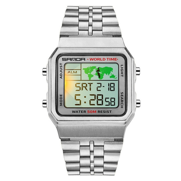 SANDA 500 Business Fashion Square Flashlight Electronic Watch World Map Multi Functional Male Student Steel Wristwatch