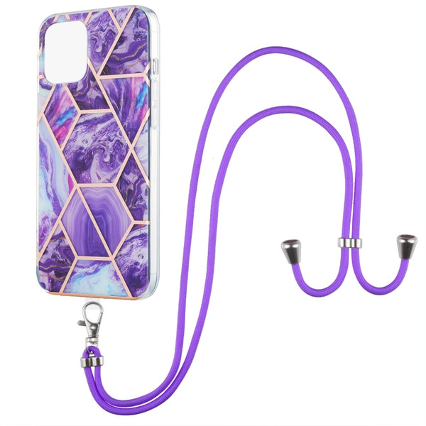 Electroplating Splicing Marble Pattern Dual-side IMD TPU Shockproof Case with Neck Lanyard