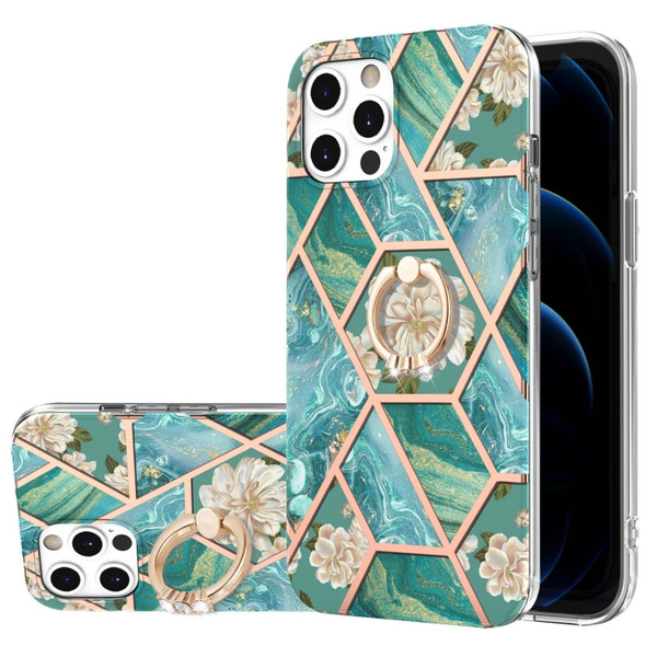 Electroplating Splicing Marble Flower Pattern TPU Shockproof Case with Rhinestone Ring Holder