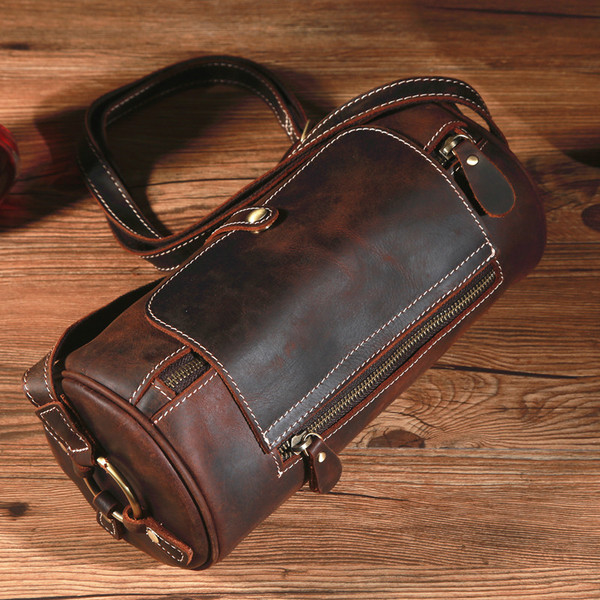 Horse Leather Round Barrel Genuine Leather Shoulder Men's Messenger Bag