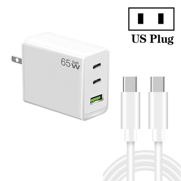 GaN PD65W Type-C x 2 + USB3.0 Charger with Type-C to Type-C Data Cable ,US Plug