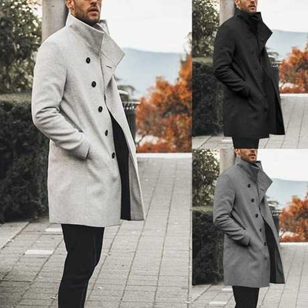 Fashion Trench Coat Men's Stand Collar Casual Tweed Jacket