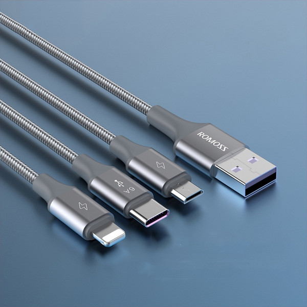 ROMOSS 3-In-1 66W 6A USB To 8 Pin / Type-C / USB-C / Micro Charging Cable Nylon Braid Cord
