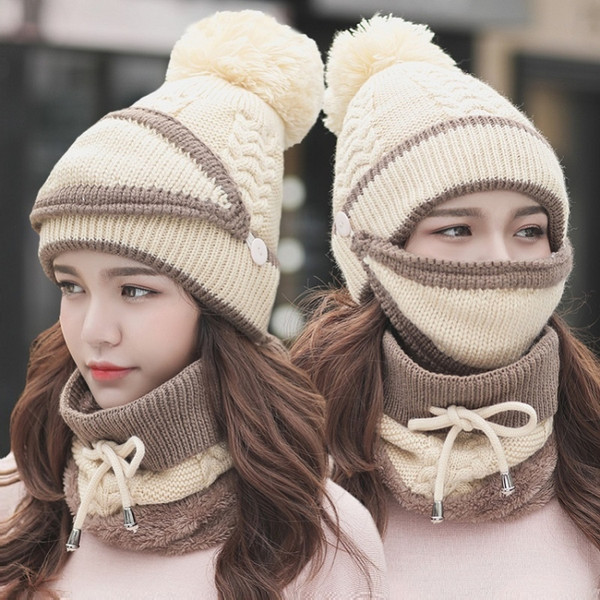 3 In 1 Female Winter Two-color Warm Woolen Cap Mask and Scarf