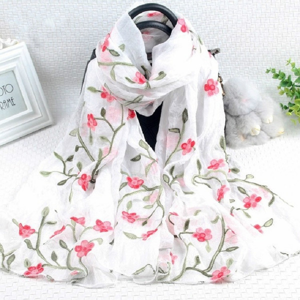 Autumn and Winter National Style Wild Peach Blossom Embroidery Pattern Long Lace Scarf Silk Scarf