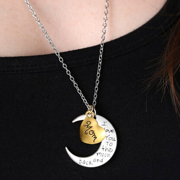 Half-Moon-Shaped Alloy Plated Pendant Necklace With Greetings Engraved At The Backside For Family, Diameter 3cm, Perimeter 9.4cm(Silver+Gold For mam)
