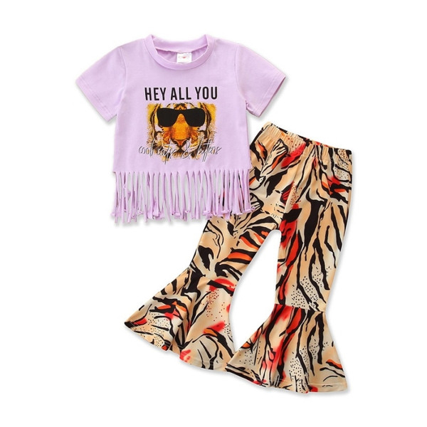 Girls Short-sleeved Fringed Blouse And Floral Pants Two-piece Suit