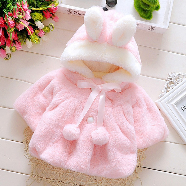Female Baby Cartoon Rabbit Ears Shape Hooded Imitation Rabbit Fur Shawl Coat