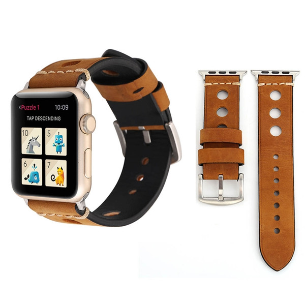 For Apple Watch Series 10 42mm / 9&8&7 41mm / SE 3&SE 2&6&SE&5&4 40mm / 3&2&1 38mm Retro Hole Genuine Leather Wrist Watch Band