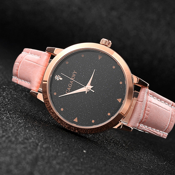 CAGARNY 6875 Round Dial Water Resistant Starry Sky Pattern Fashion Women Quartz Wrist Watch with Leather Band