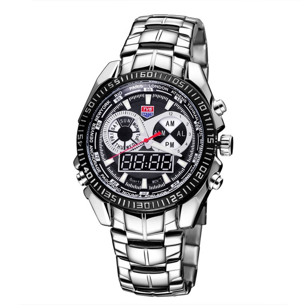 TVG Round Dial Hardlex Watch Window Luminous & Alarm & Week Display Function Quartz + Digital Double Movement Men Watch with Alloy Band