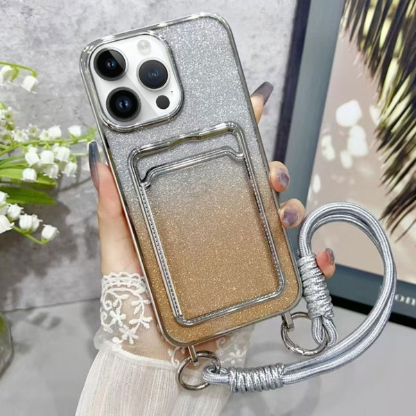 Plating Gradient Glitter TPU Phone Case with Card Slot & Strap