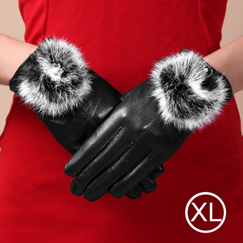 Fashionable Rabbit Fur Ball Sheepskin Leather Gloves for Women (XL)