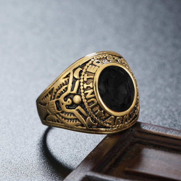 Retro Round Gemstone Carved Soldier Army Military Titanium Steel Ring for Men, US Size: 11, Diameter: 20.7mm, Perimeter: 65mm