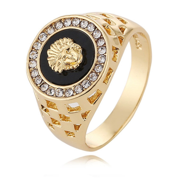 Hip Hop 18K Gold Plated Lion Head Rhinestone Ring for Men, US Size: 9, Inner Diameter: 19mm, Perimeter: 59mm