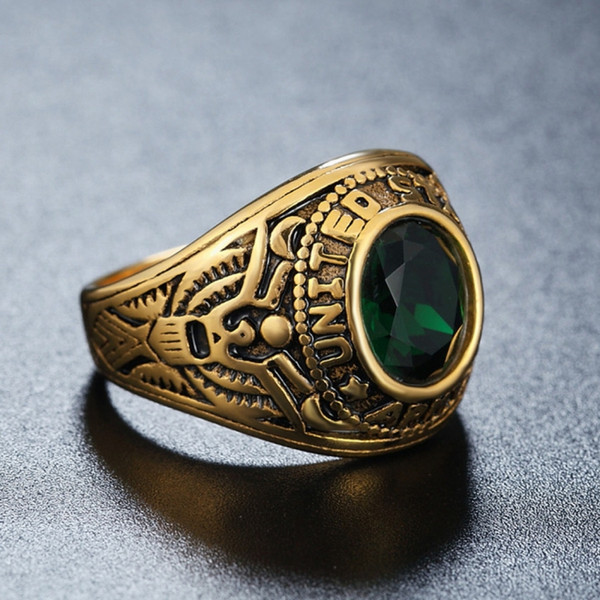 Retro Round Gemstone Carved Soldier Army Military Titanium Steel Ring for Men, US Size: 8, Diameter: 18.2mm, Perimeter: 57mm