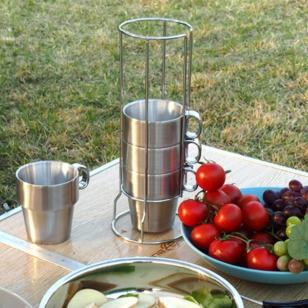 Outdoor Portable Picnic Cups Four Piece Suit Stainless Steel Drinking Mugs Anti-Hot Tea Coffee Cup