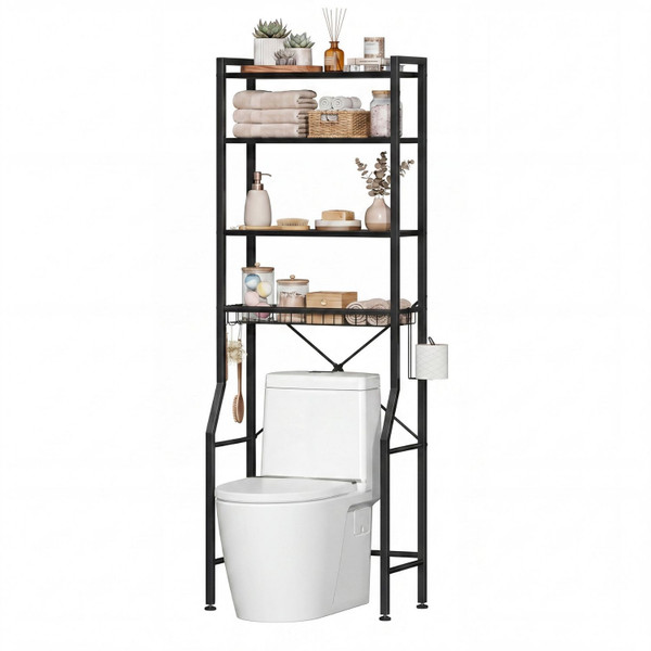 68-Inch Over-the-Toilet Storage Rack, Iron & Wood Bathroom Organizer Shelf for Towels and Toiletries