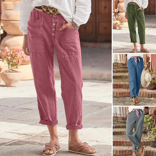 Casual Breasted Cotton Linen Loose Casual Women's Cotton Pants