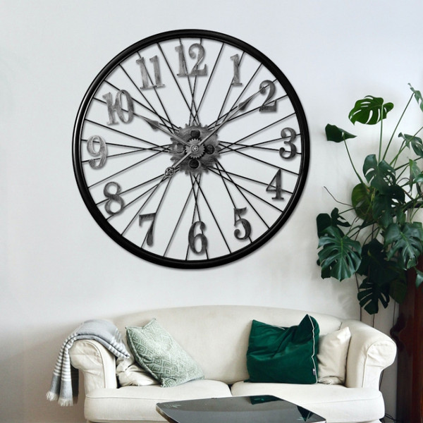 YX0806 60cm 3D Vintage Decorative Wall Clock Wheel Shape Household Large Wall Watch