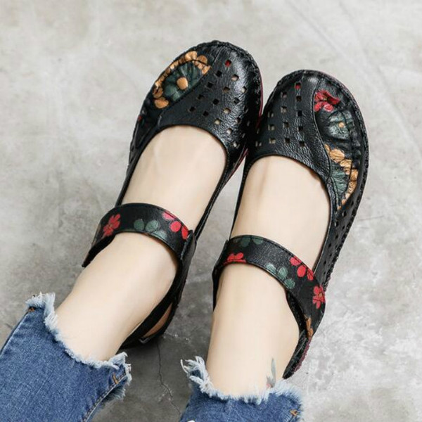 Flower Round Toe Soft Bottom Vintage Leather Flat Shoes