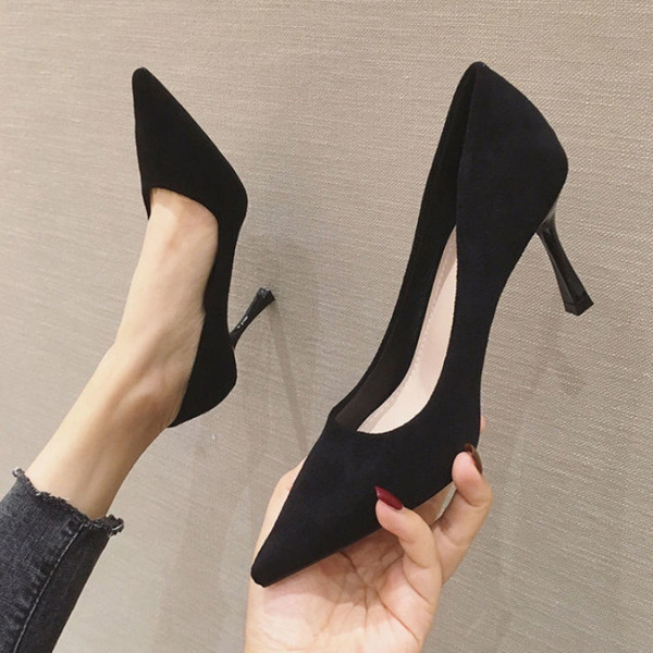 Women Suede High Heels Shallow Mouth Pointed Toe Square Buckle Thin Heel Pumps
