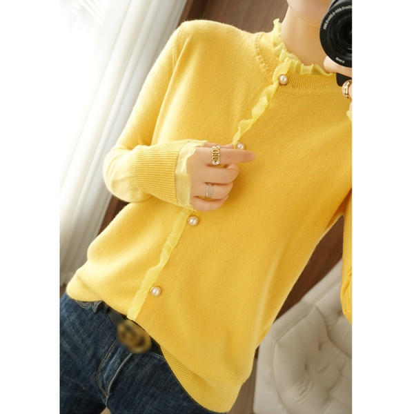 Pearl Button Crew Neck Lace Trim Cardigan Sweater (Color:Blue Size:One Size)