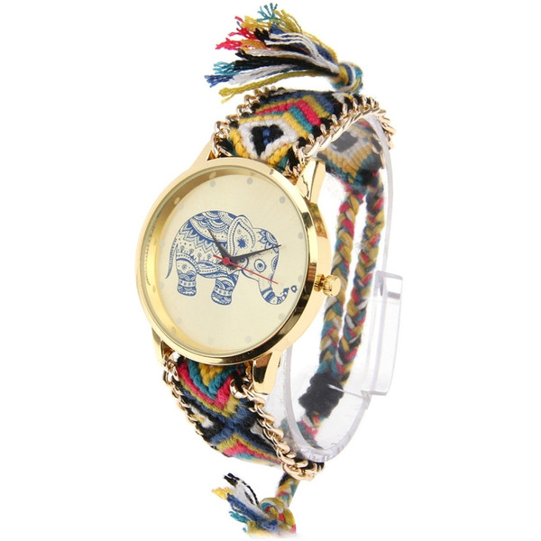 Round Dial Elephant Pattern Fashion Women Quartz Watch with Colorful Hand-woven Rope Band (Black + Blue + Yellow + Magenta)