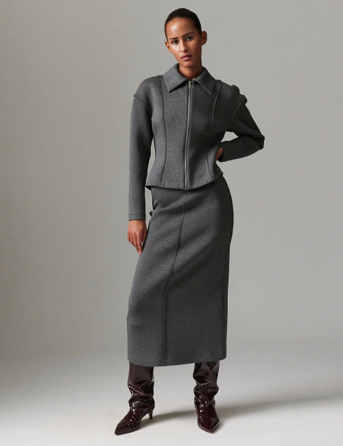 Day Scuba Cardigan & Skirt Set_ Grey Melange