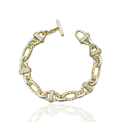 Two-tone Pave Ravelle Thin Hammered Chain Bracelet