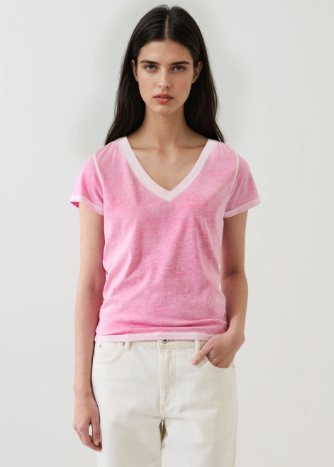 Reverse Spray Pima Cotton Vneck T-Shirt_ Rose