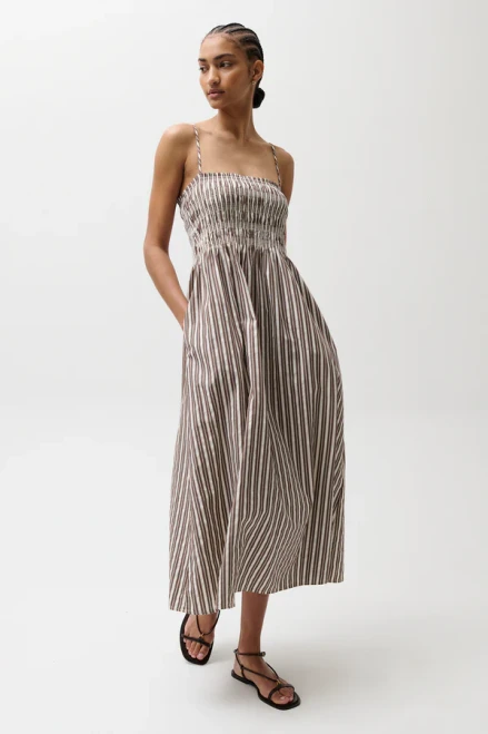 Bianca Shirred Bodice Dress_ Java Stripe