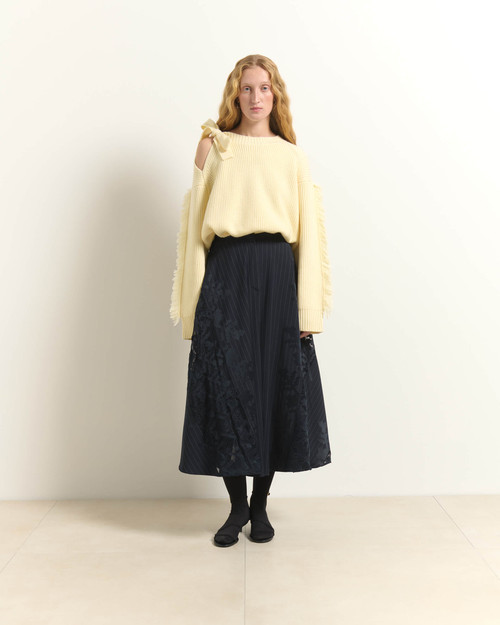 Pinstripe Lace Midi Skirt_ Dark Blue