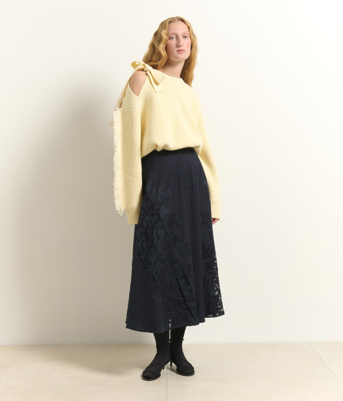 Pinstripe Lace Midi Skirt_ Dark Blue