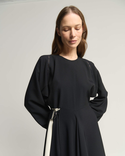 Kimono Sleeve Lace Trim Dress_ Black