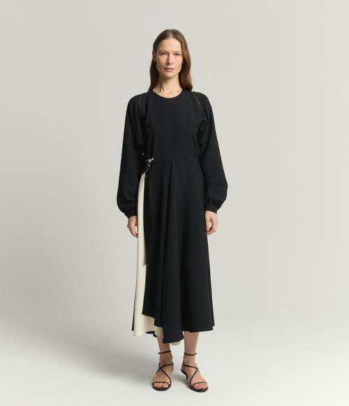 Kimono Sleeve Lace Trim Dress_ Black