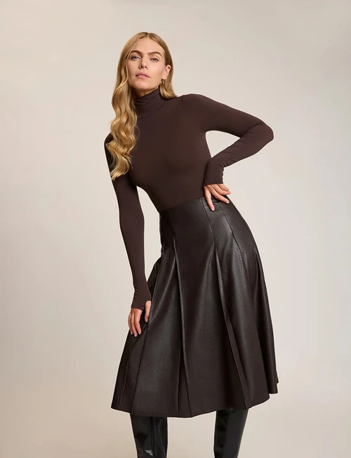 Faux Leather Pleated Midi Skirt_ Espresso