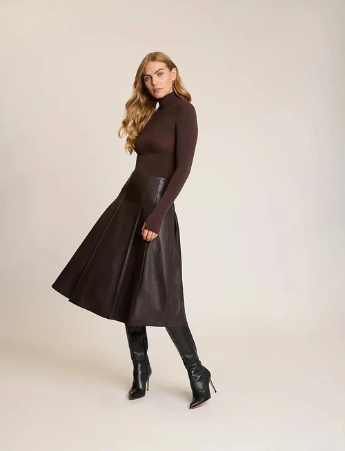Faux Leather Pleated Midi Skirt_ Espresso